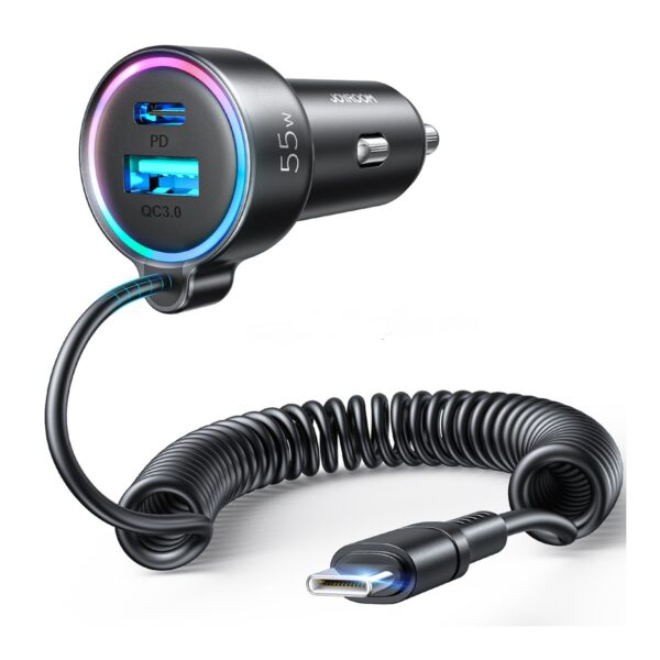 JOYROOM JR-CL07 3 in 1 55W PD USB-C + USB Interface Car Charger with USB-C Spring Data Cable