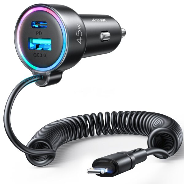 JOYROOM JR-CL08 3 in 1 50W PD USB-C + USB Interface Car Charger with 8 Pin Spring Data Cable