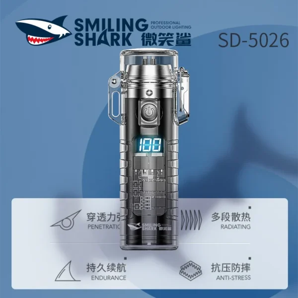 Smiling Shark Double Arc Windproof Waterproof Rechargeable USB Electric Lighter with Flashlight (SD-5026)