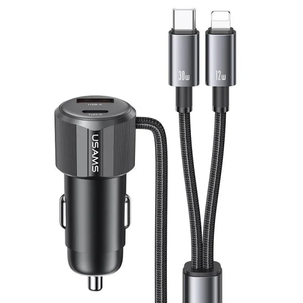USAMS CC287 66W 2-in-1 Car Charger with Built-in USB C + Lightning 1.2m Cable