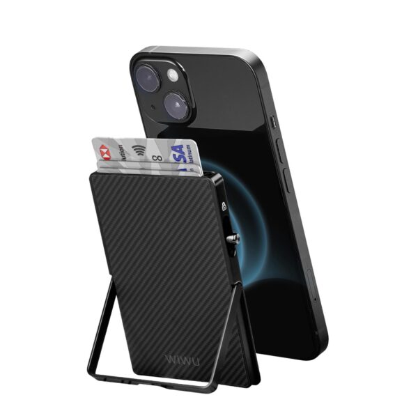 WiWU MW-007 Warriors Carbon MagSafe Metal Stand Card Holder – Magnetic Wallet with Kickstand, Slim & Durable Design